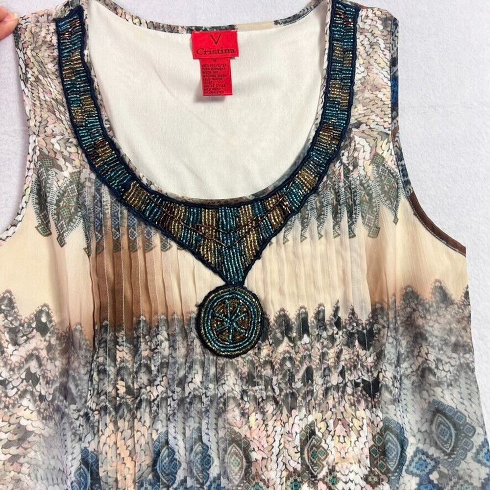 V Christina Dress M Y2K Embellished Scoop Neck Printed Midi Chiffon Witchy Gypsy - Picture 6 of 10